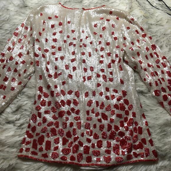 Vintage 100% Silk White & Red Fully Sequin & Beaded Shirt Top - Picture 15 of 16